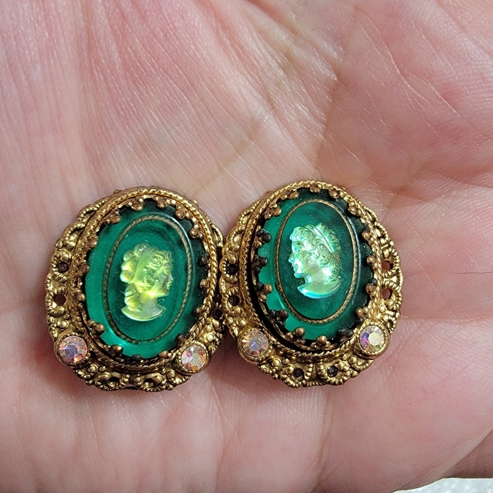 West Germany Green Cameo Reverse Intaglio Clip On Vintage Earrings